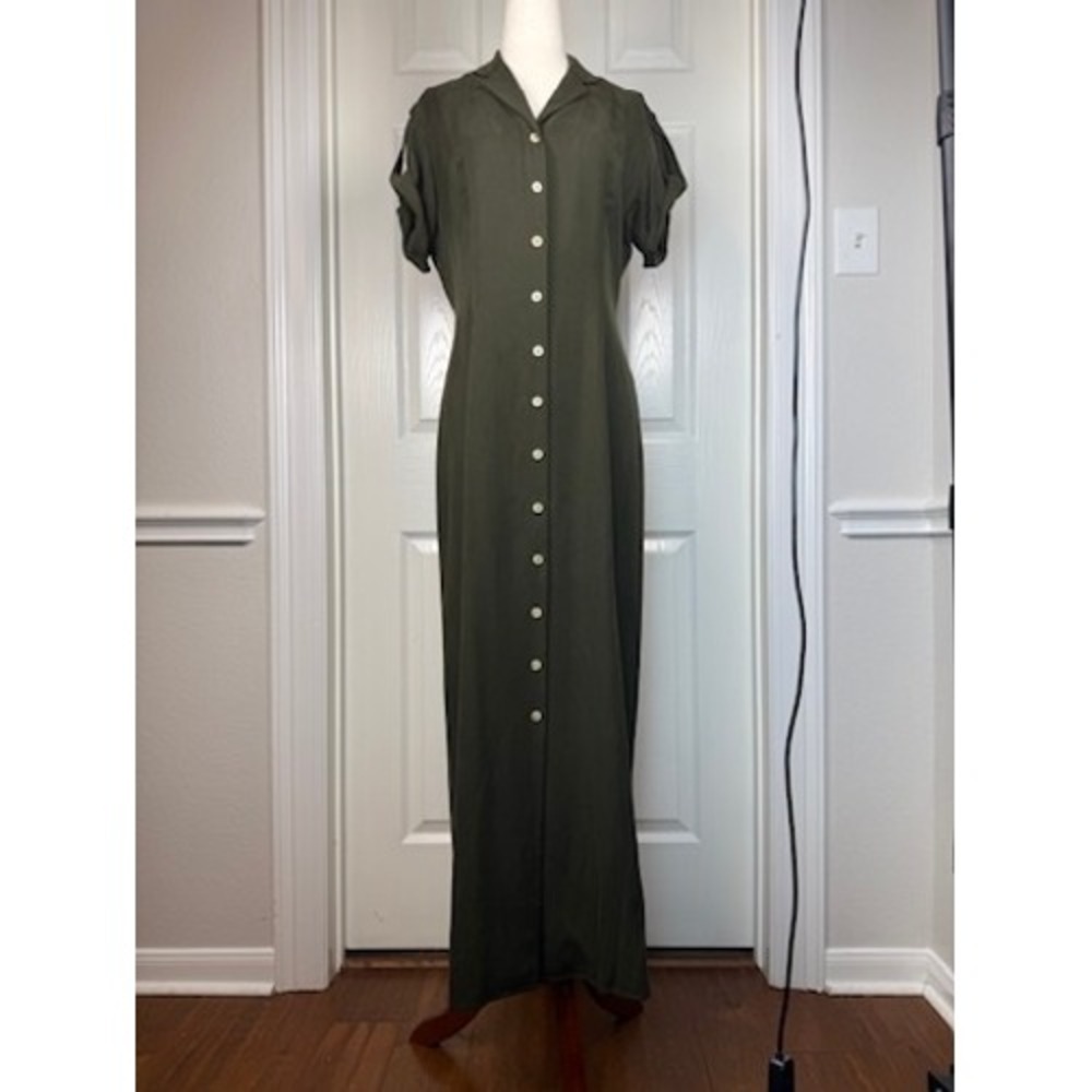 Lauren Ralph Lauren Olive Green 100% Silk Button Front Maxi Dress Size 10